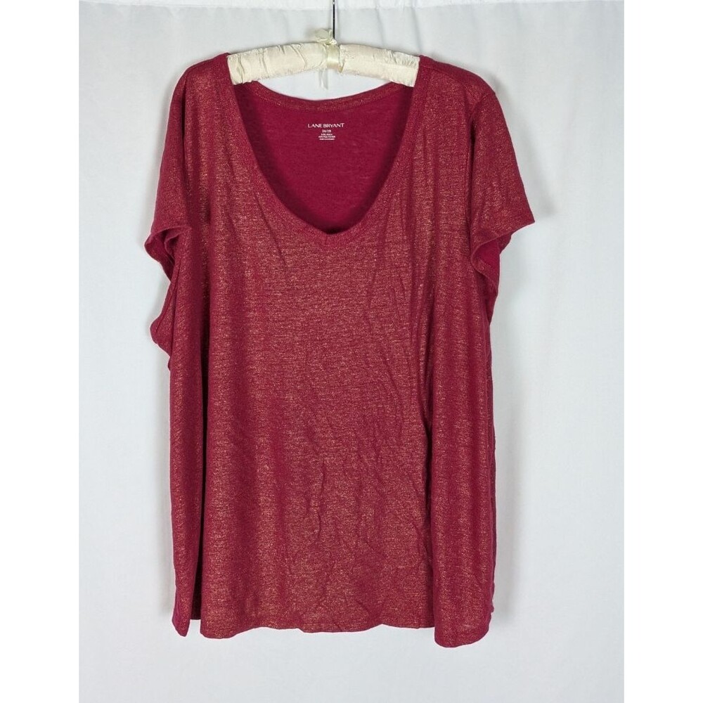 Lane Bryant Burgundy Red Gold Metallic Shimmer Linen Blend V-Neck Tee Size 26/28